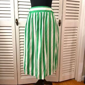 Vintage 80's Green and White Striped Midi Skirt with Pockets Retro Size 11/12